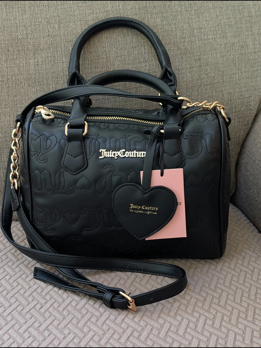 Juicy Couture Fame Black Embossed Dome Satchel with Heart Charm NWT